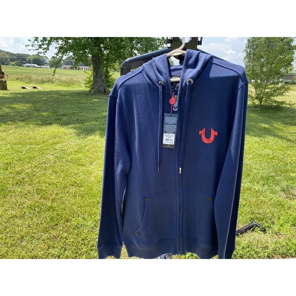 True Religion Mens Navy Blue Zip Up Hoodie Buddha World Tour Graphic Size M‎